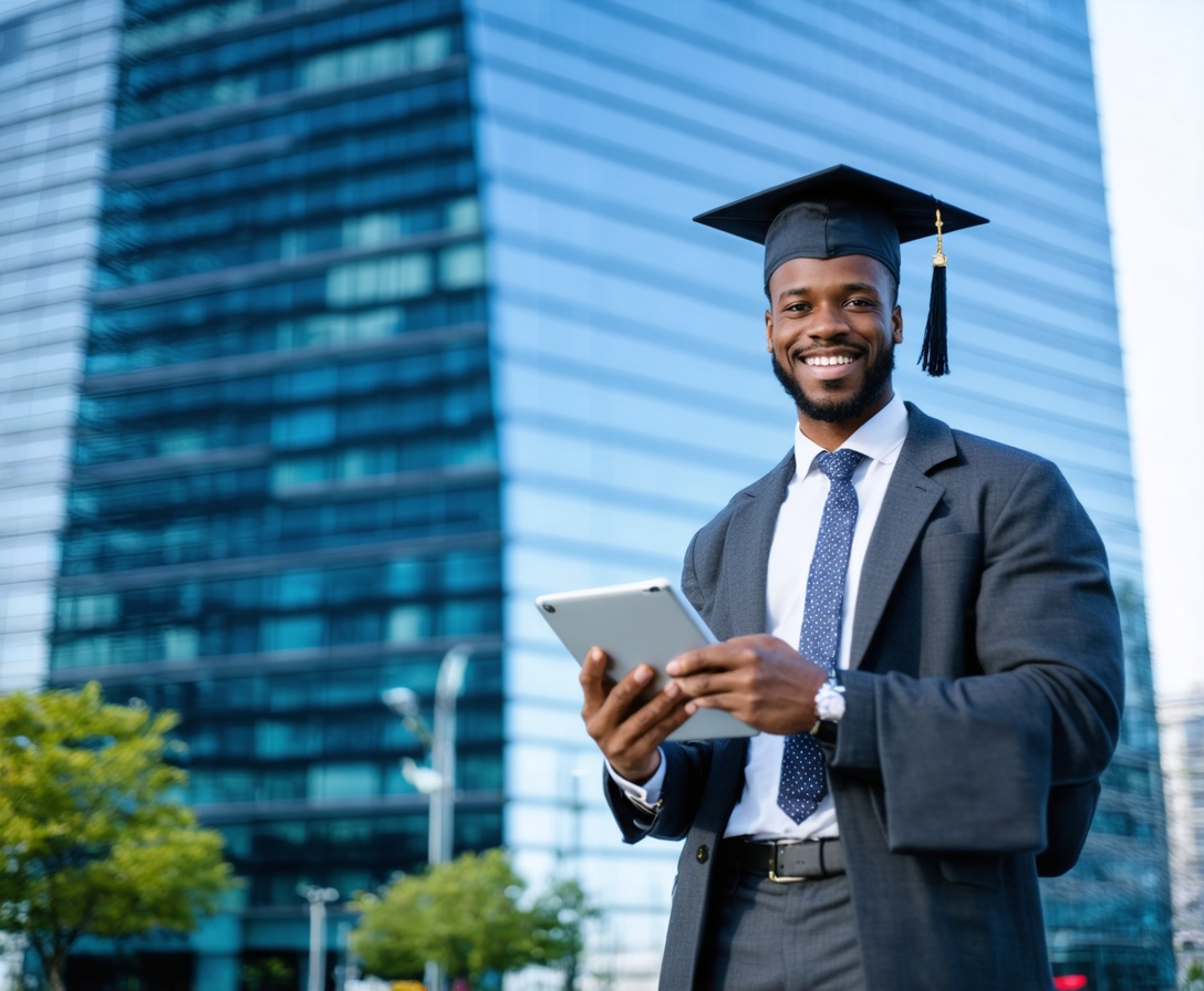 A successful graduate standing in front of the Austin skyline