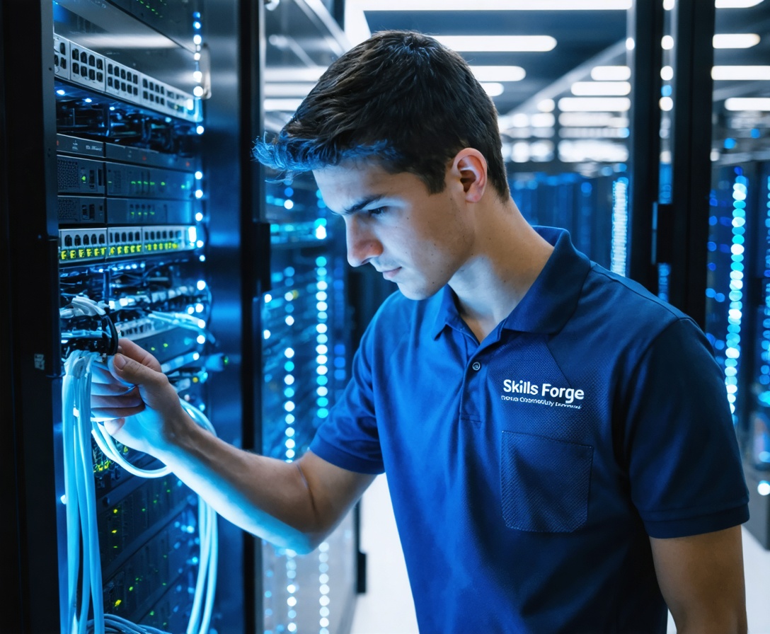 Student performing hardware security configuration on a server rack